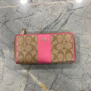 Coach signature print light brown and bright pink zip around wallet EUC
